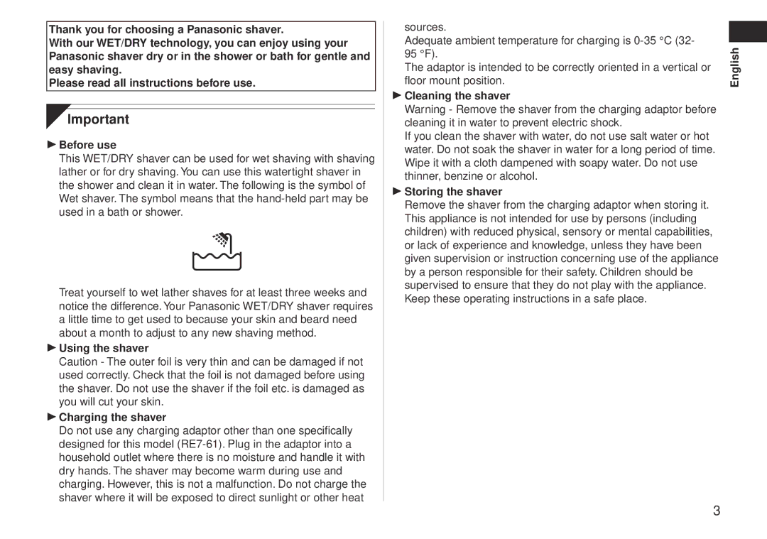 Panasonic ES-RW30-S operating instructions  Using the shaver  Charging the shaver 