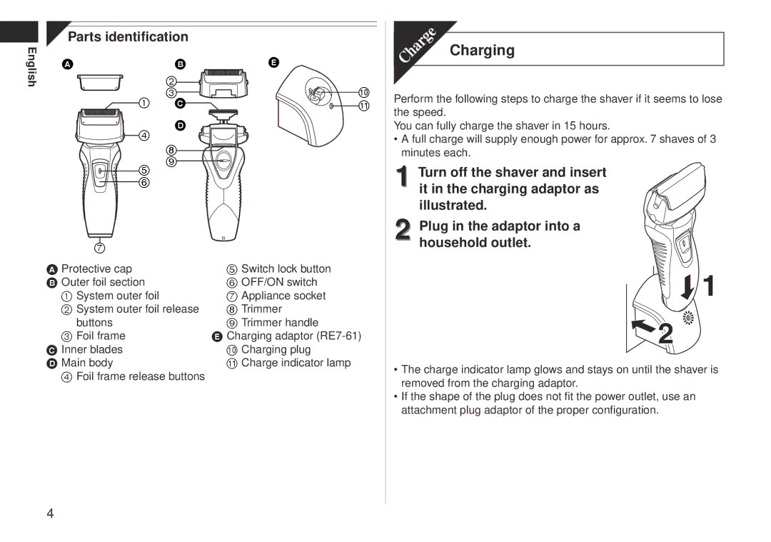 Panasonic ES-RW30-S operating instructions Charging 