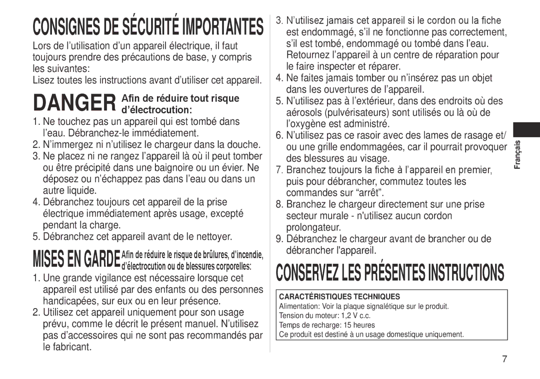 Panasonic ES-RW30-S operating instructions Conservezlesprésentesinstructions 