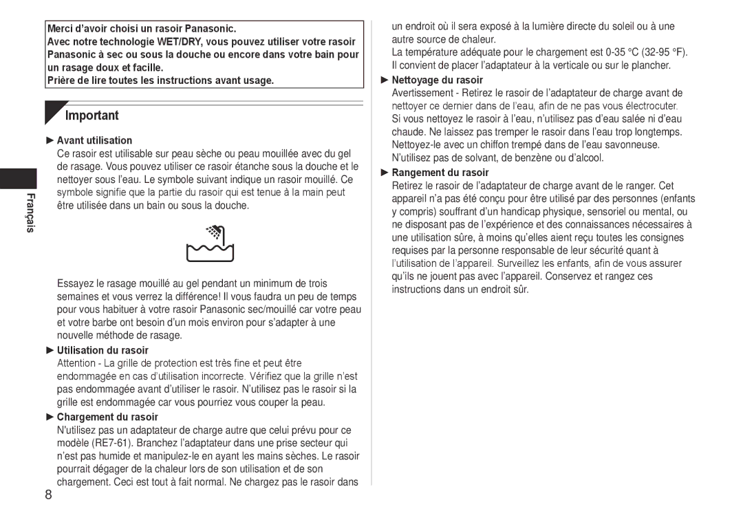 Panasonic ES-RW30-S Utilisation du rasoir, Chargement du rasoir, Nettoyage du rasoir, Rangement du rasoir 