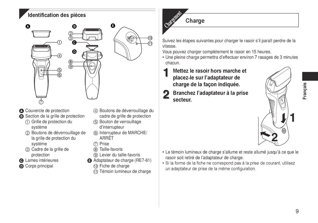 Panasonic ES-RW30-S operating instructions Charge, Identification des pièces, Branchez l’adaptateur à la prise, Secteur 