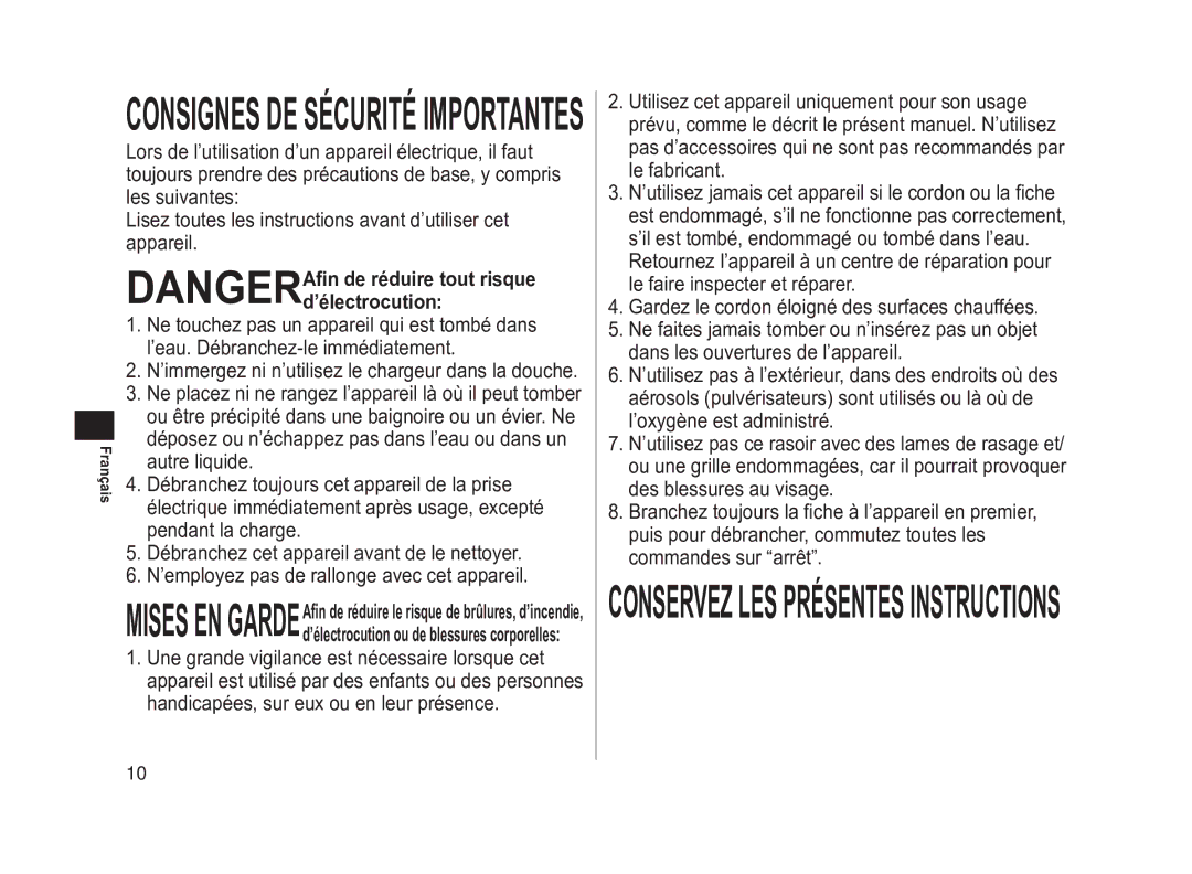 Panasonic ES-SL41 operating instructions Consignes DE Sécurité Importantes 