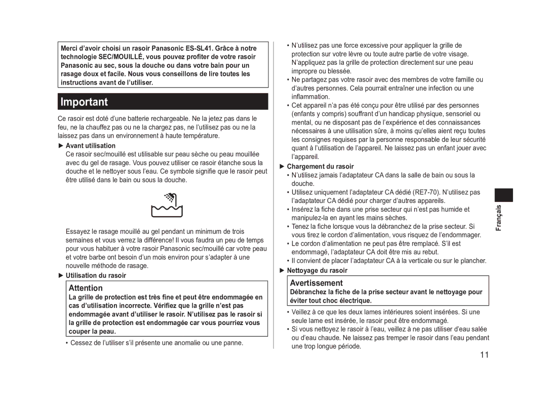 Panasonic ES-SL41 operating instructions Avertissement, Avant utilisation 