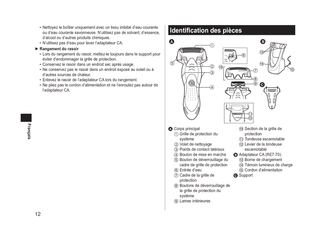 Panasonic ES-SL41 operating instructions Identification des pièces, Rangement du rasoir 