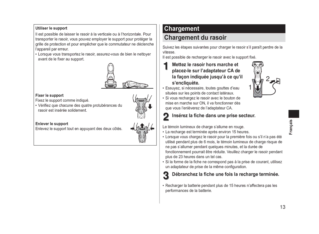 Panasonic ES-SL41 operating instructions Chargement, ’encliquète, Insérez la fiche dans une prise secteur 