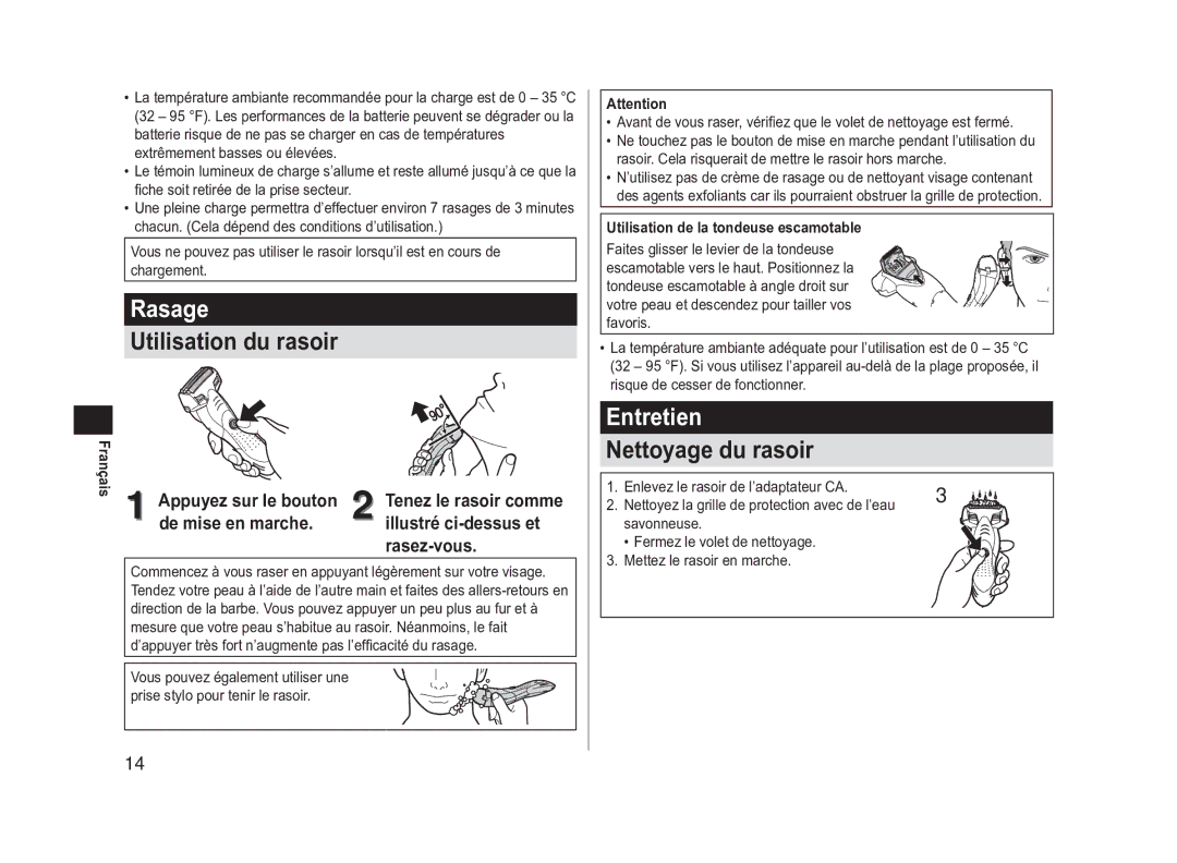 Panasonic ES-SL41 operating instructions Rasage, Entretien, Utilisation de la tondeuse escamotable 