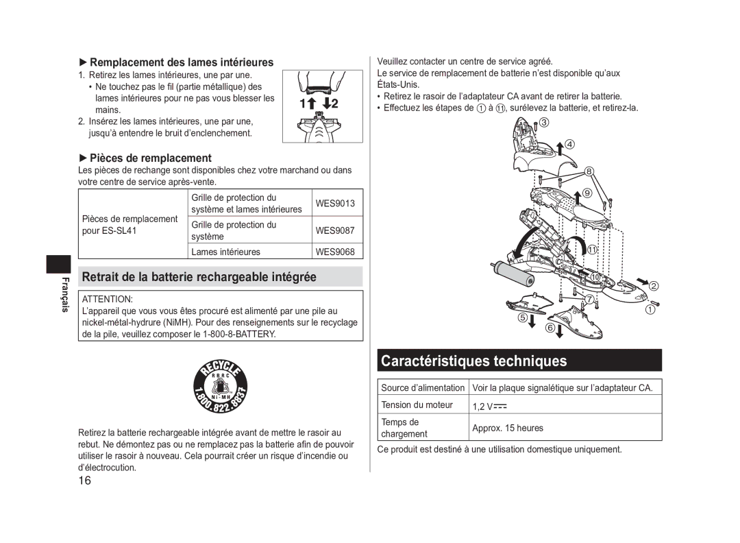 Panasonic ES-SL41 Caractéristiques techniques, Remplacement des lames intérieures, Pièces de remplacement 