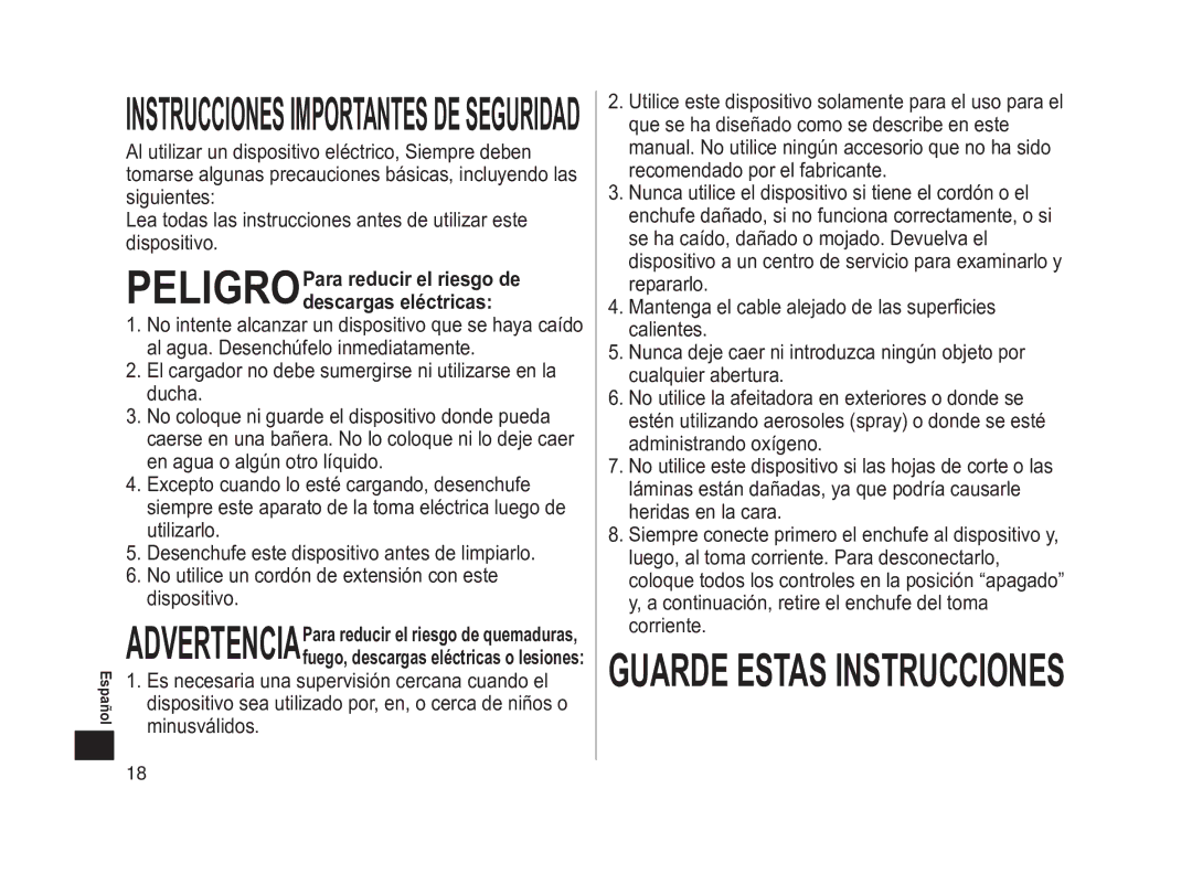 Panasonic ES-SL41 Instrucciones Importantes DE Seguridad, PELIGROPara reducir el riesgo de descargas eléctricas 