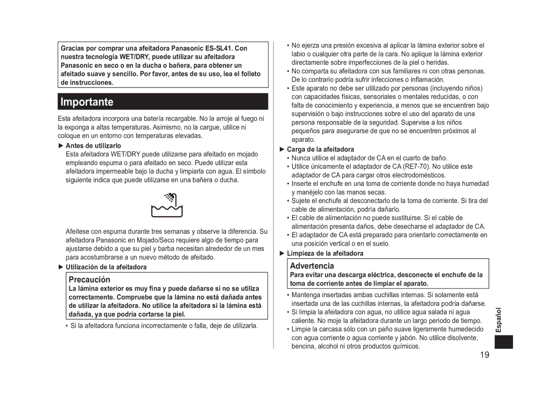 Panasonic ES-SL41 operating instructions Importante, Precaución, Advertencia 