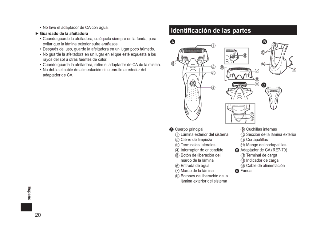 Panasonic ES-SL41 operating instructions Identificación de las partes, Guardado de la afeitadora 