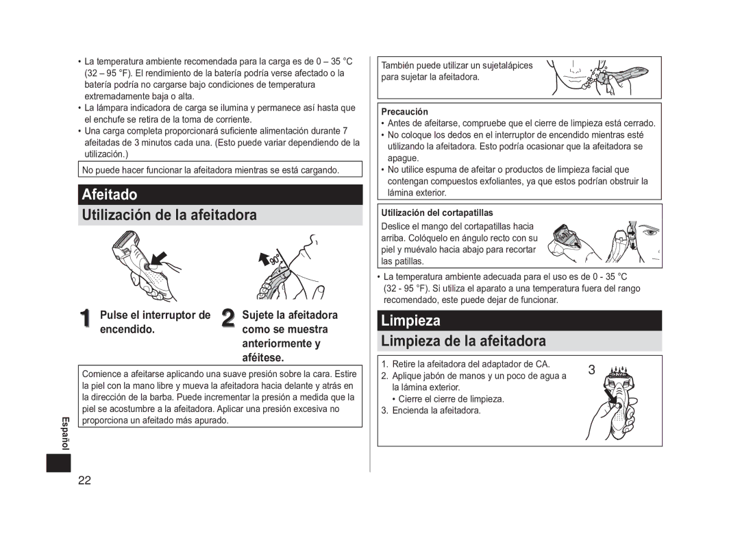 Panasonic ES-SL41 operating instructions Afeitado, Limpieza, Precaución, Utilización del cortapatillas 