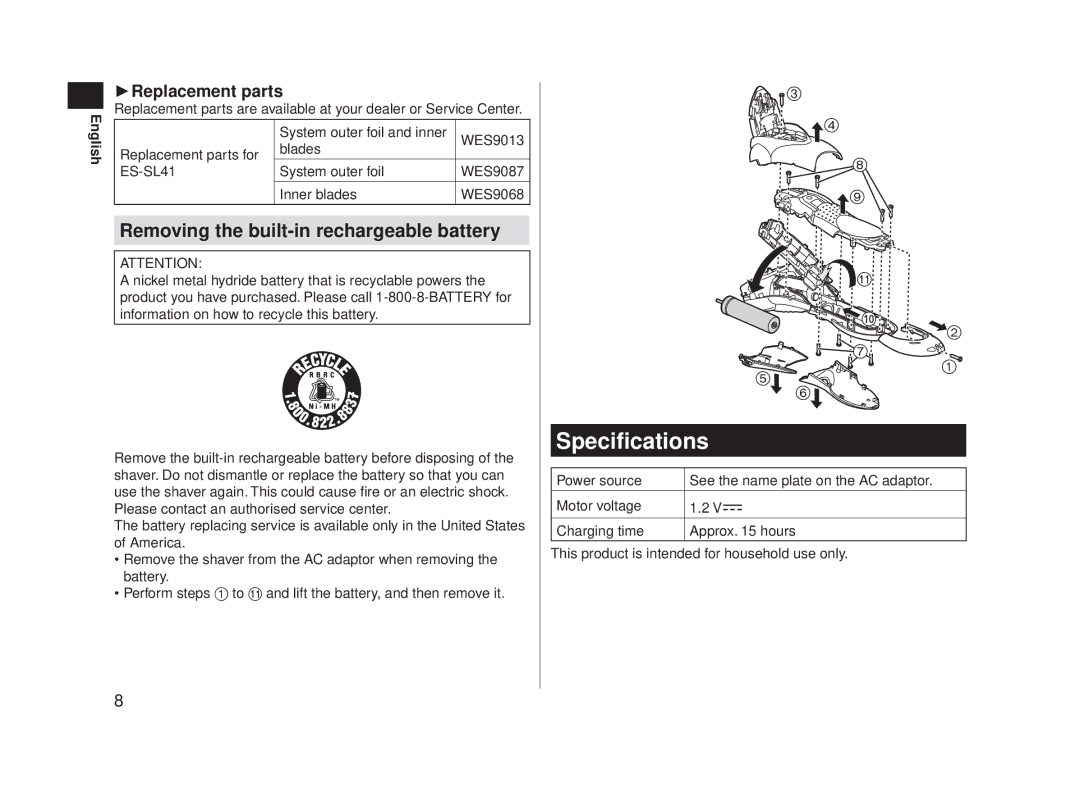 Panasonic ES-SL41 operating instructions Specifications 