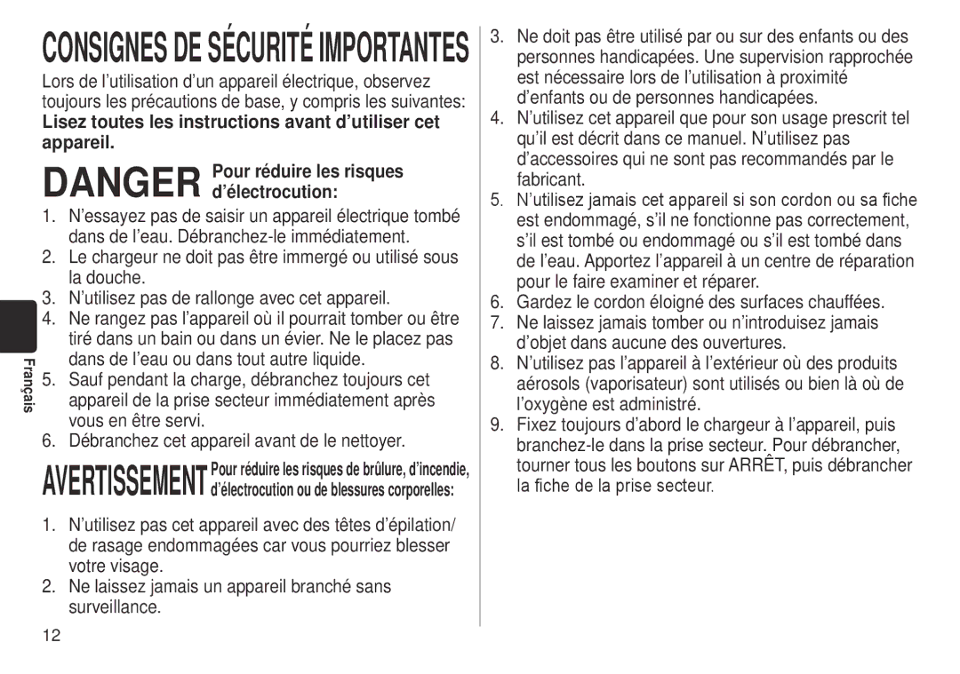 Panasonic ES-WD51-P operating instructions ’essayez pas de saisir un appareil électrique tombé 