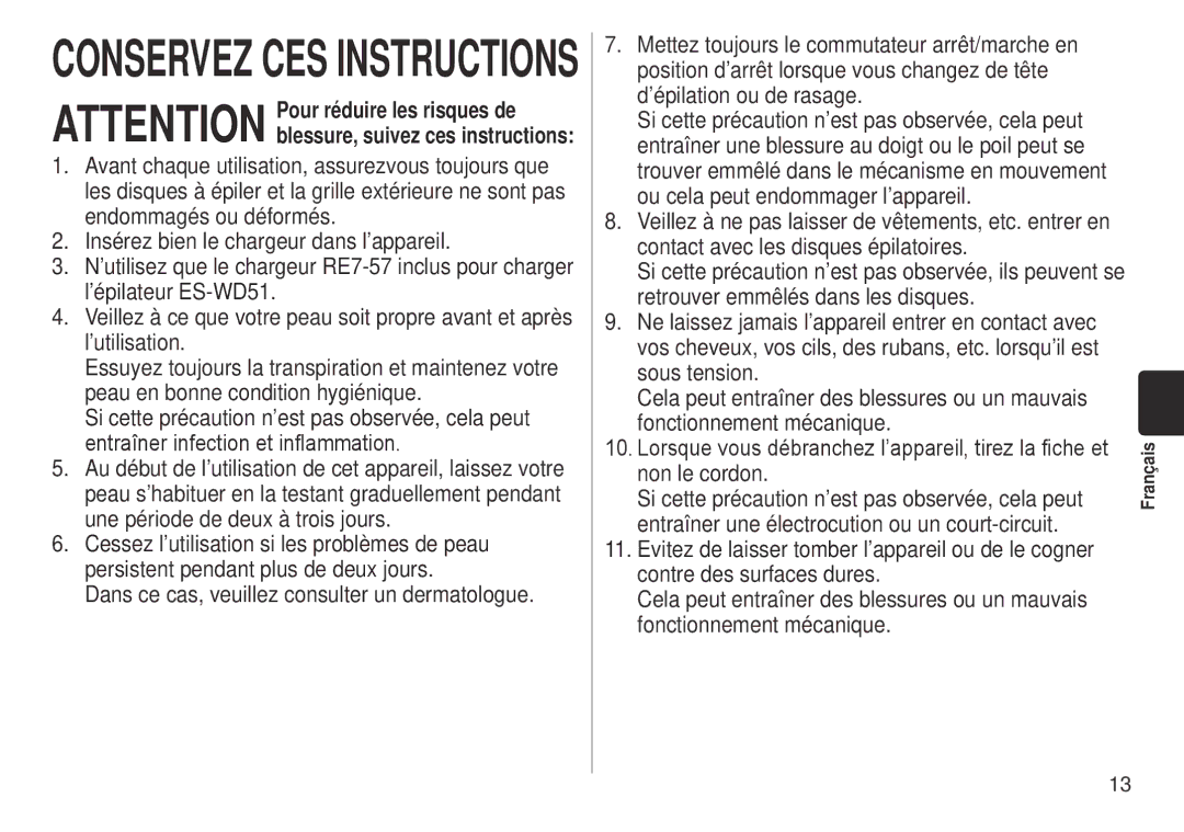 Panasonic ES-WD51-P operating instructions Conservez CES Instructions 