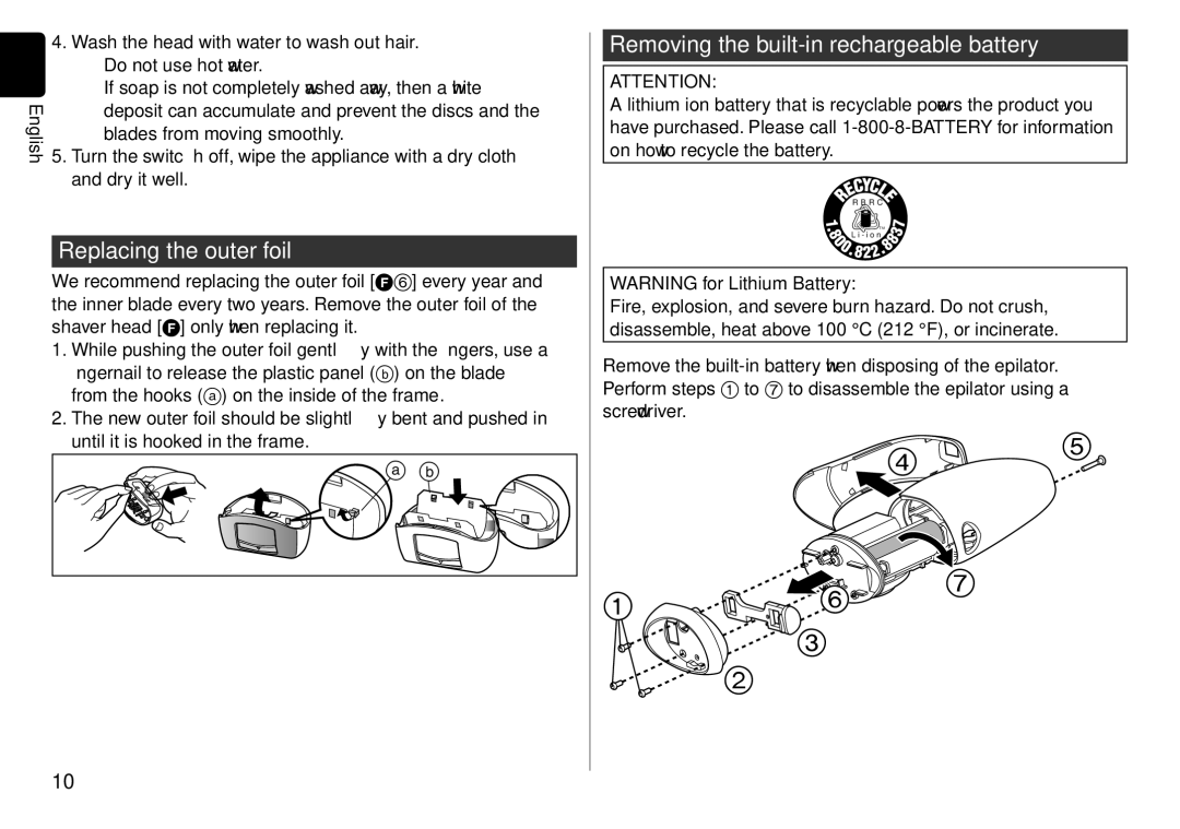 Panasonic ES-WD51 operating instructions Replacing the outer foil, Removing the built‑in rechargeable battery, Dry it well 