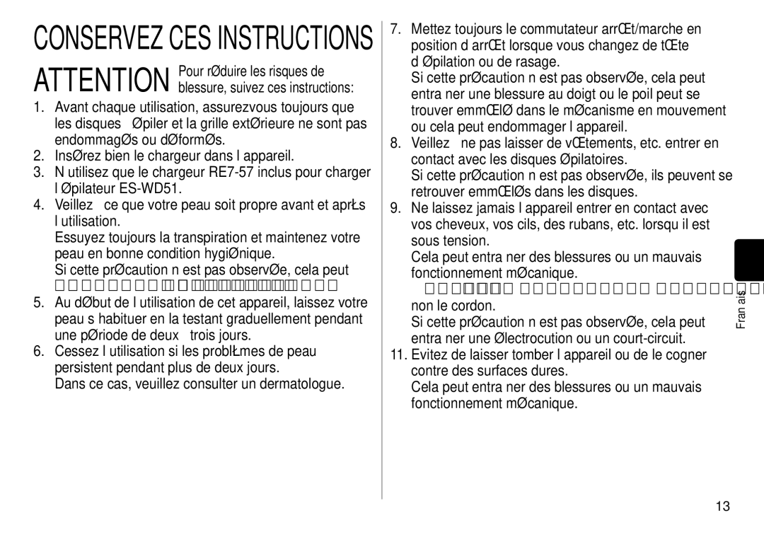 Panasonic ES-WD51 operating instructions Conservez CES Instructions 