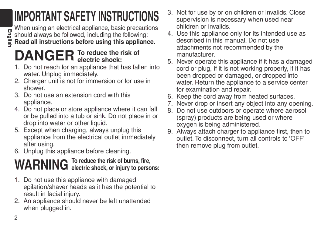 Panasonic ES-WD51 operating instructions Important Safety Instructions 