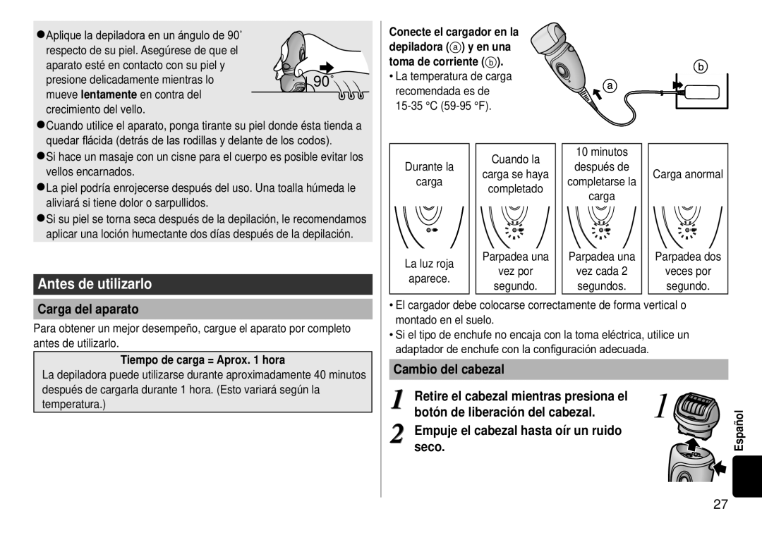 Panasonic ES-WD51 operating instructions Antes de utilizarlo, Carga del aparato, Seco.Empuje el cabezal hasta oír un ruido 