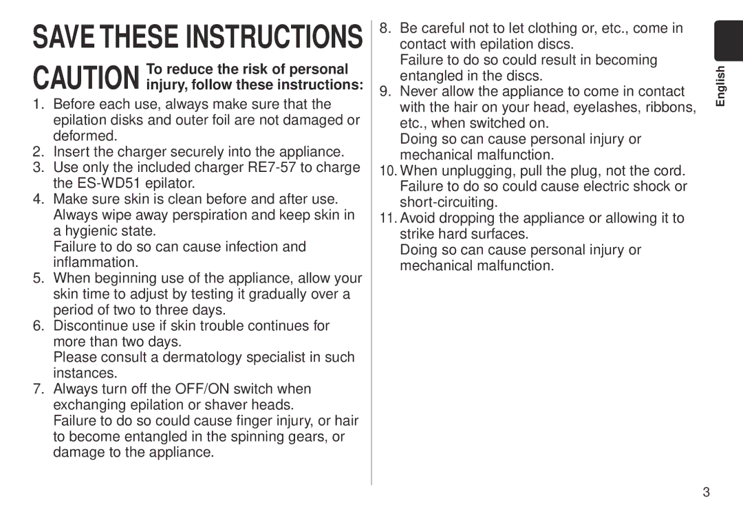 Panasonic ES-WD51 operating instructions English 