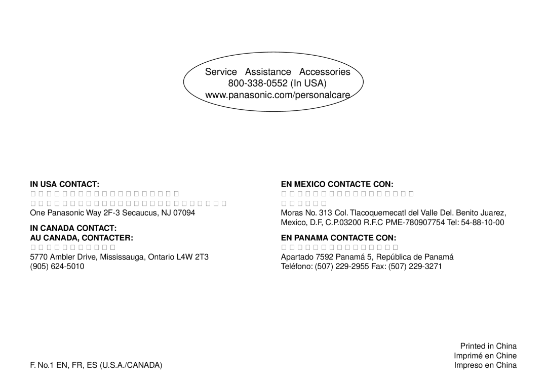 Panasonic ES-WD51 operating instructions Service Assistance Accessories USA, USA Contact EN Mexico Contacte CON 