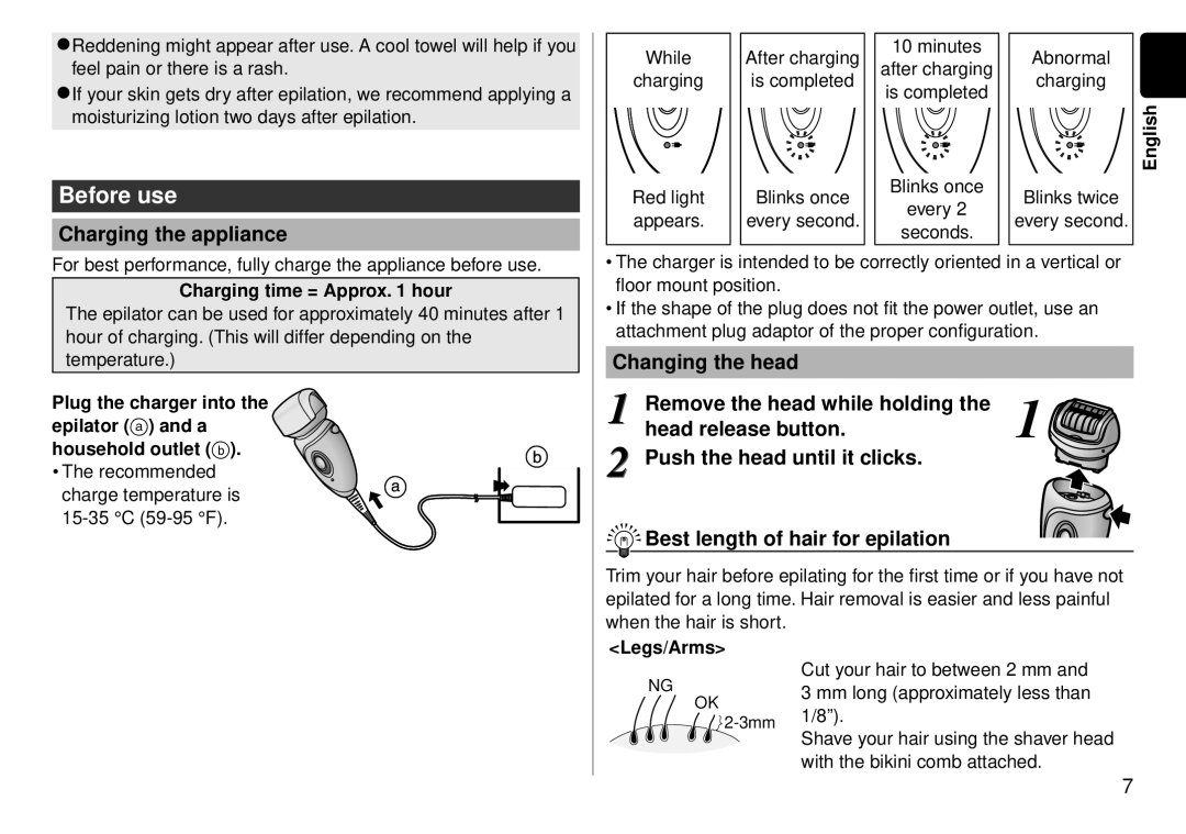 Panasonic ES-WD51 operating instructions Before use, Charging the appliance, Charging time = Approx hour, Legs/Arms 