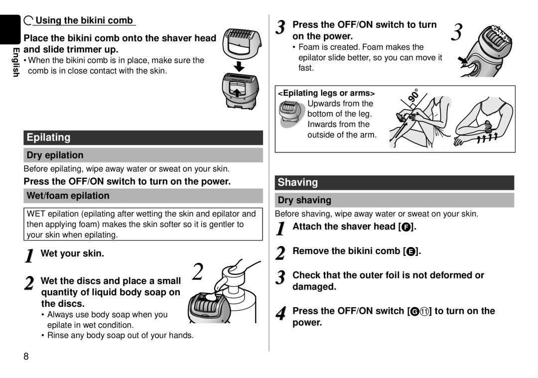 Panasonic ES-WD51 operating instructions Epilating, Shaving 