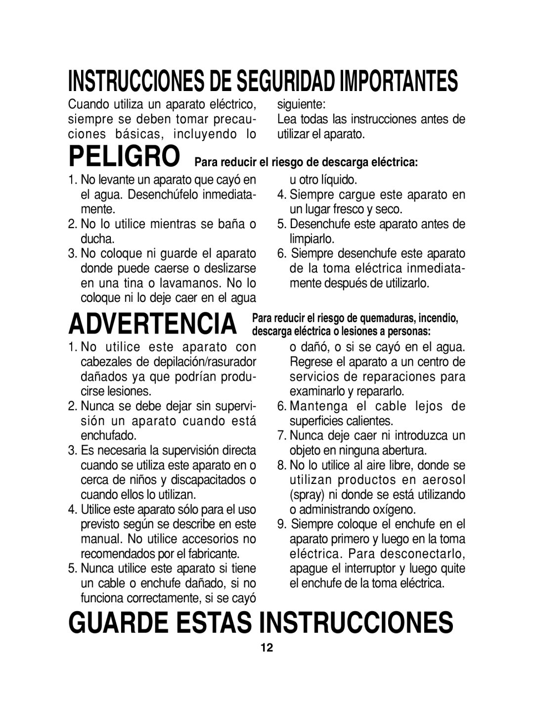 Panasonic ES2015 operating instructions Peligro Para reducir el riesgo de descarga eléctrica 