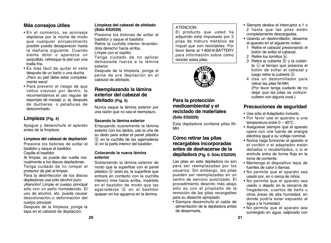 Panasonic ES2025, ES2029 operating instructions Más consejos útiles, Limpieza Fig, Precauciones de seguridad 