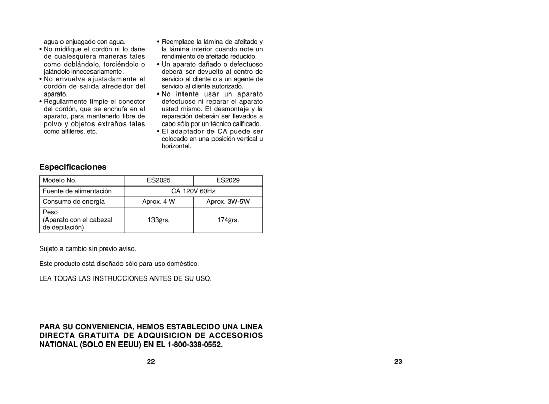 Panasonic ES2029, ES2025 operating instructions Especificaciones, Peso, Aparato con el cabezal 