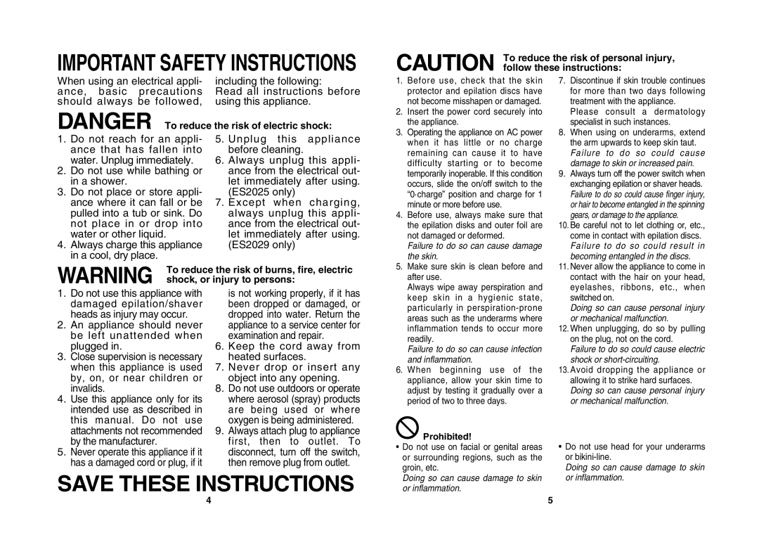 Panasonic ES2025, ES2029 operating instructions Shock, or injury to persons, Prohibited 