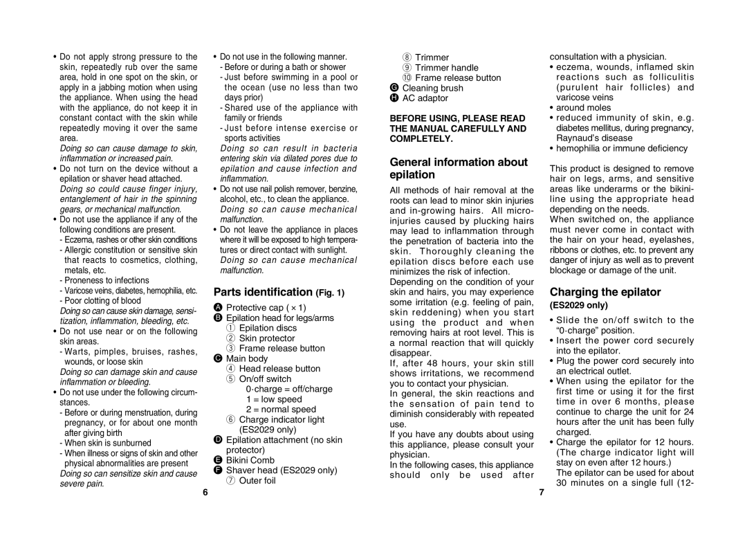 Panasonic ES2025 Parts identification Fig, General information about epilation, Charging the epilator, ES2029 only 