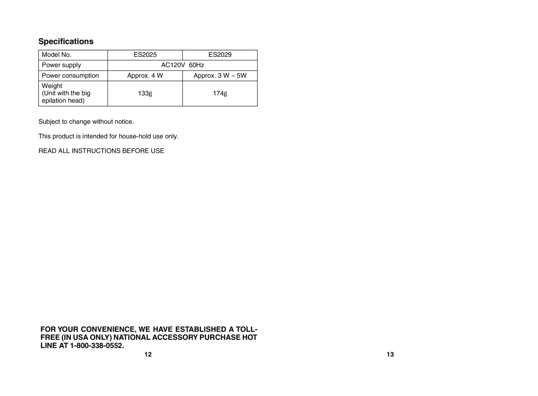 Panasonic ES2025, ES2029 operating instructions Specifications 