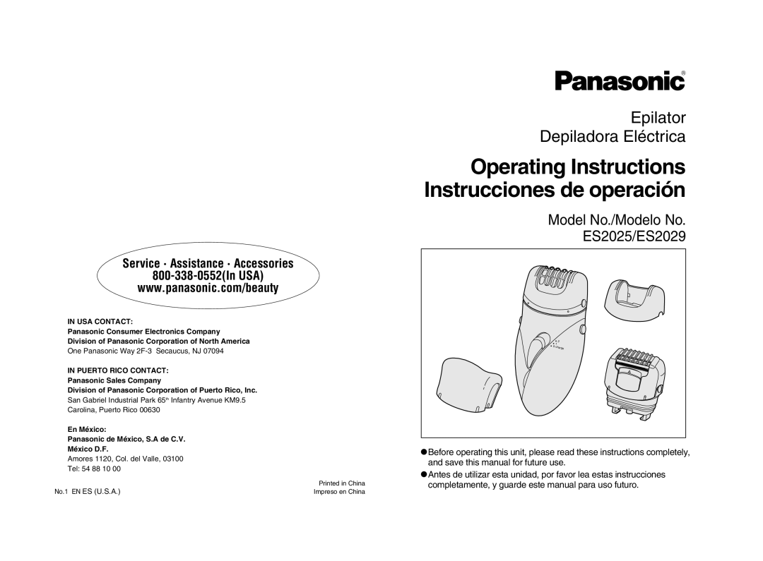 Panasonic ES2025 operating instructions Operating Instructions Instrucciones de operación, Epilator Depiladora Eléctrica 