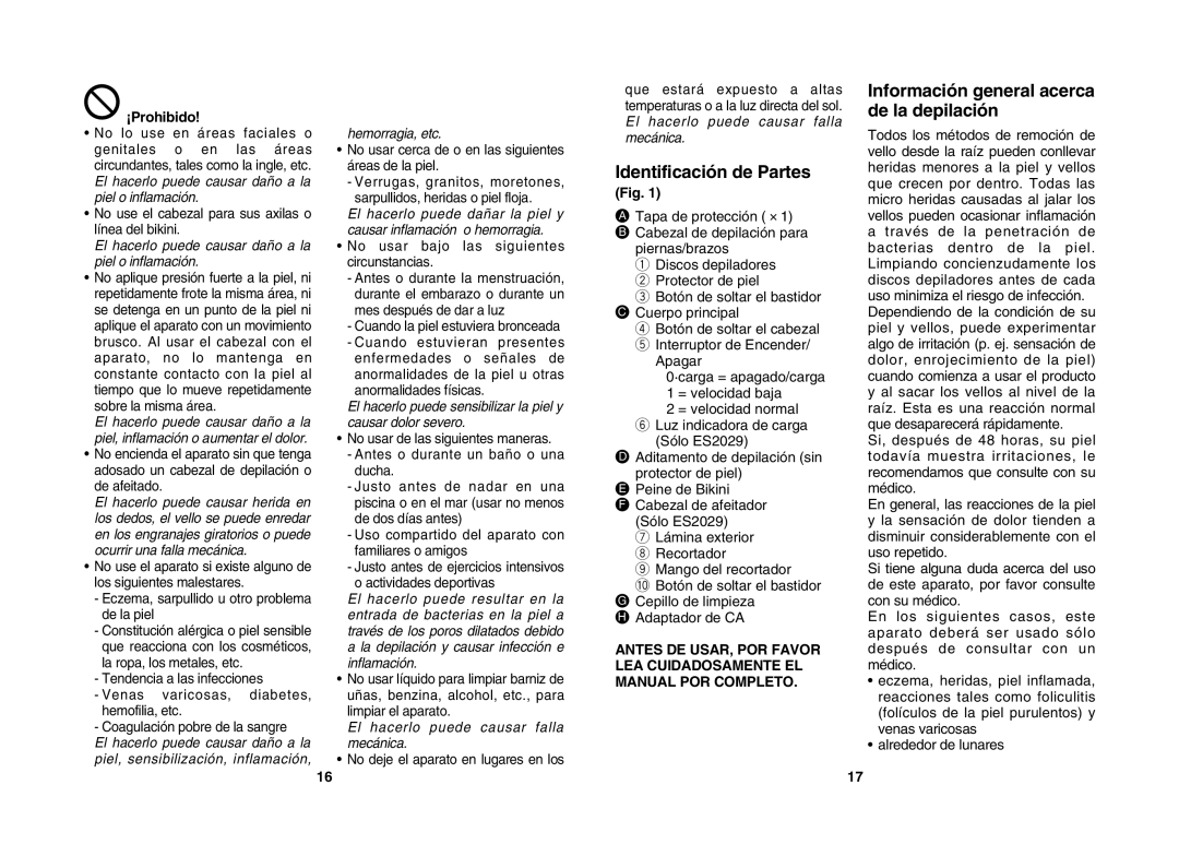Panasonic ES2025, ES2029 Identificación de Partes, Información general acerca de la depilación, ¡Prohibido 