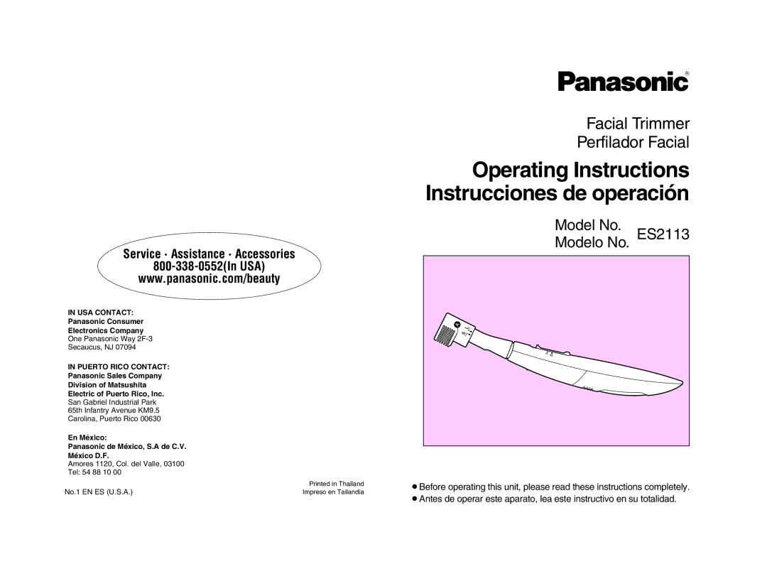 Panasonic ES2113 operating instructions Operating Instructions Instrucciones de operación 