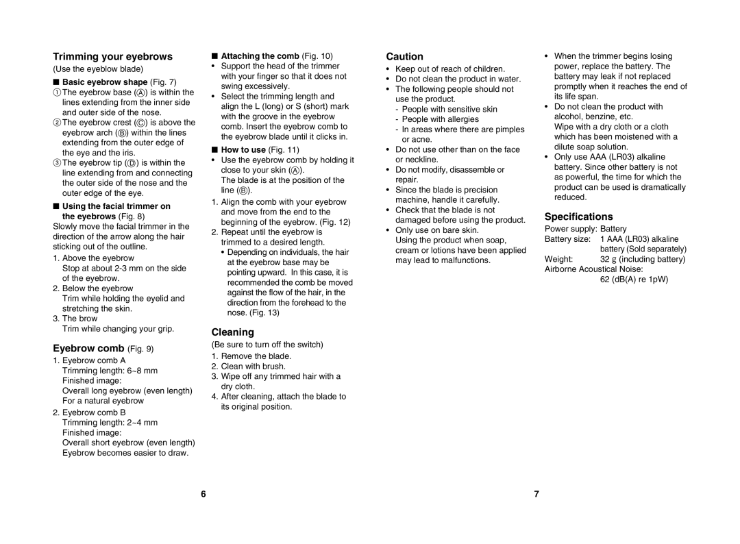 Panasonic ES2113 operating instructions Trimming your eyebrows, Eyebrow comb Fig, Cleaning, Specifications 