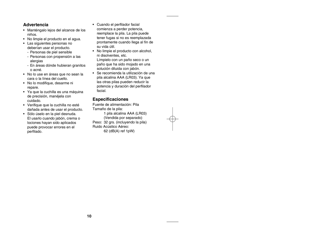 Panasonic ES2113 operating instructions Advertencia, Especificaciones 