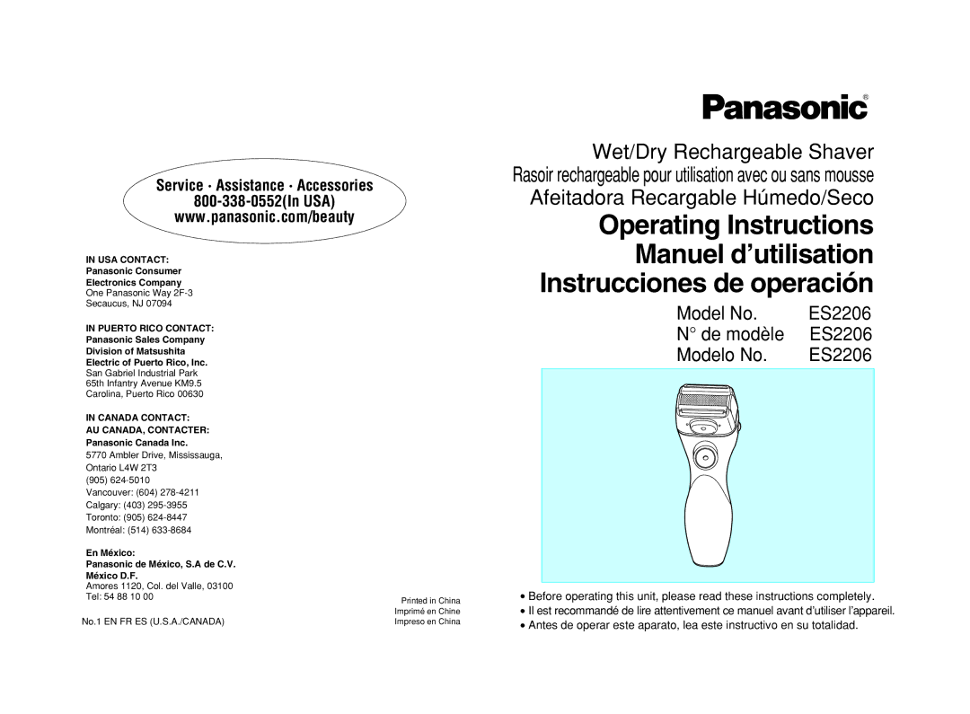 Panasonic ES2206 operating instructions Wet/Dry Rechargeable Shaver 