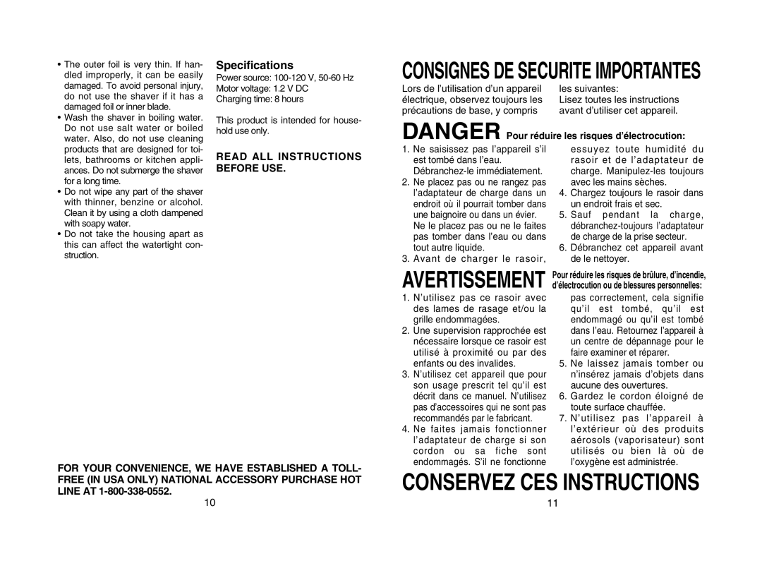 Panasonic ES2206 operating instructions Specifications 