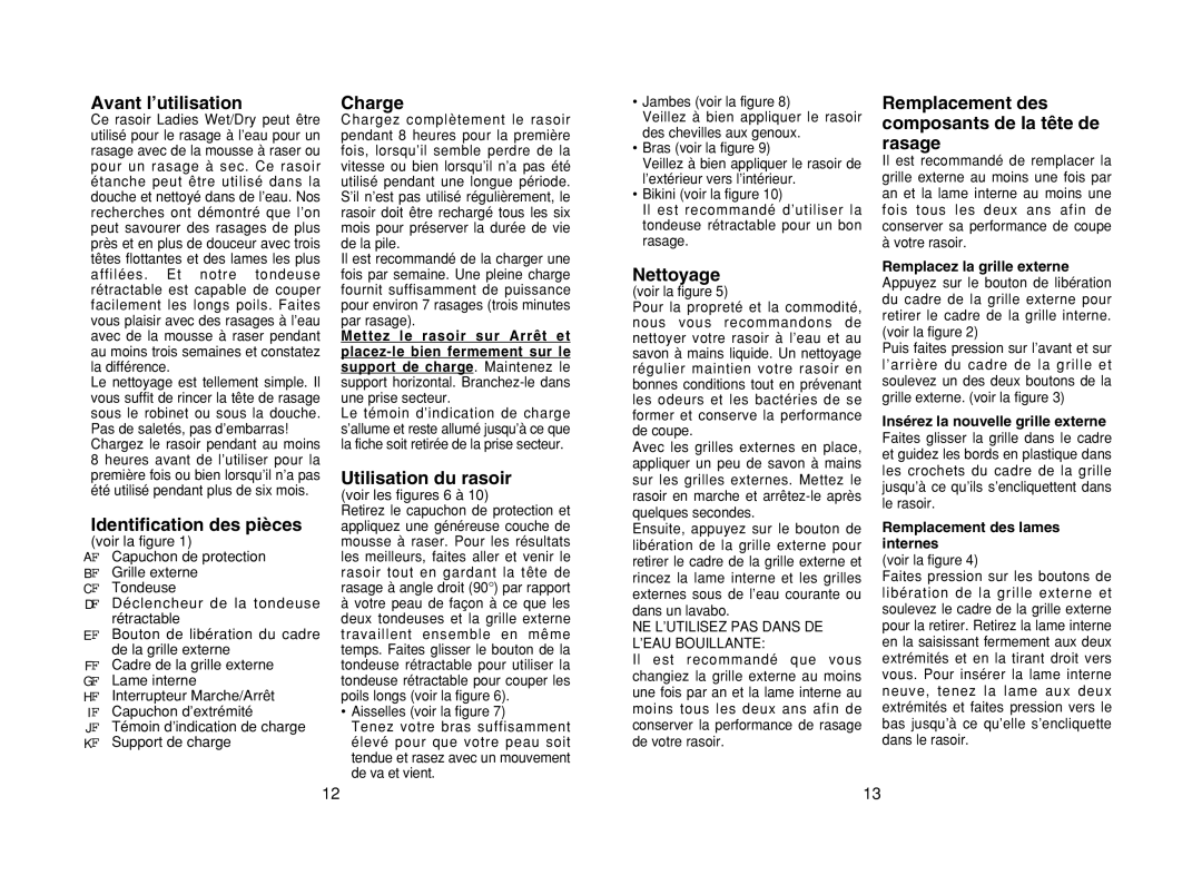 Panasonic ES2206 Avant l’utilisation, Identification des pièces, Charge, Utilisation du rasoir, Nettoyage 