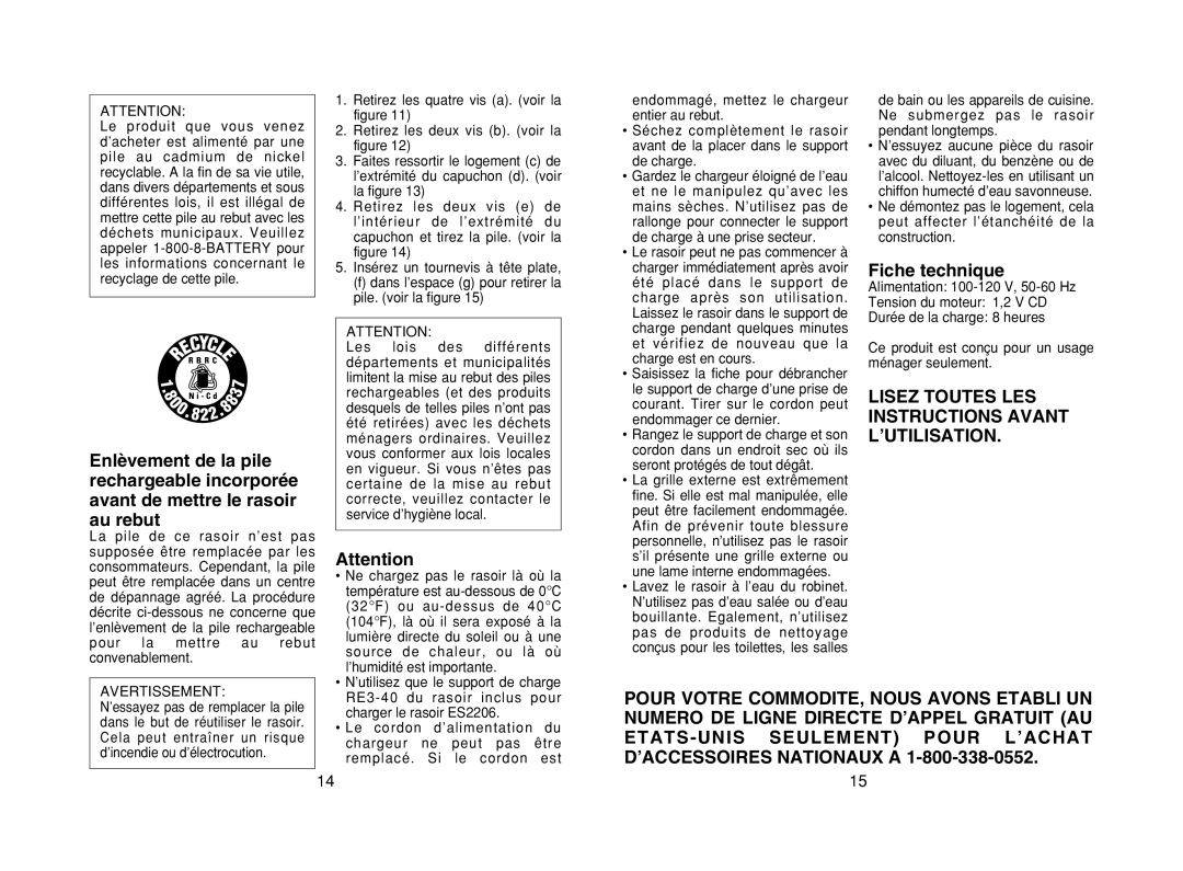 Panasonic ES2206 operating instructions Fiche technique, Lisez Toutes LES Instructions Avant L’UTILISATION 