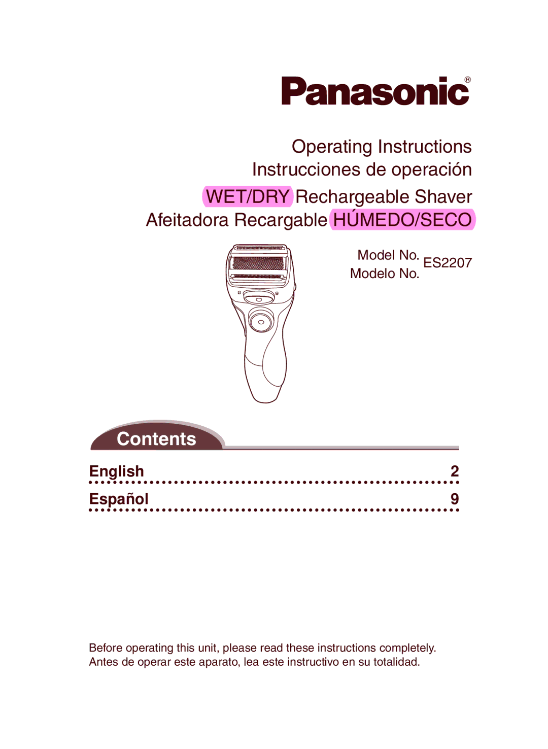 Panasonic ES2207 operating instructions Contents 