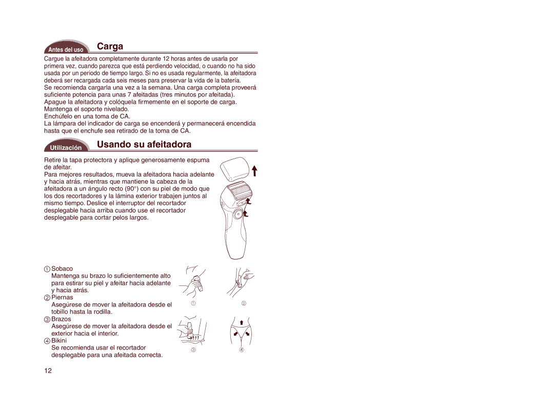 Panasonic ES2207 operating instructions Utilización Usando su afeitadora, Antes del uso Carga 