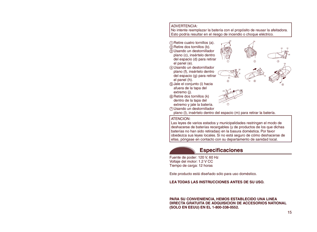 Panasonic ES2207 operating instructions Especificaciones, Advertencia 