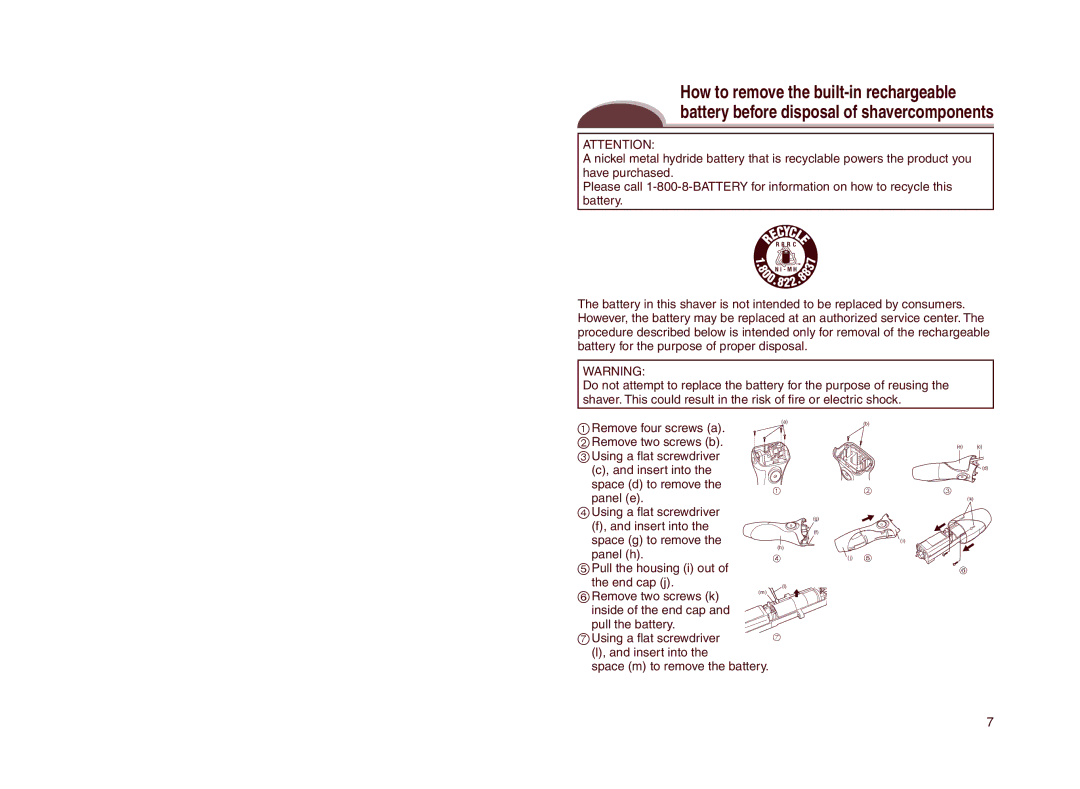 Panasonic ES2207 operating instructions Space m to remove the battery 