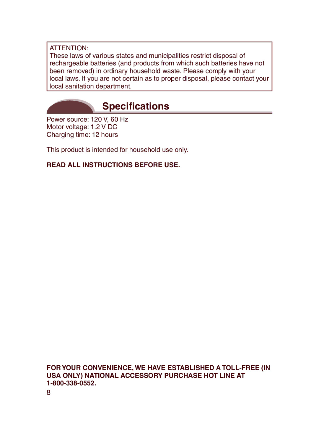 Panasonic ES2207 operating instructions Specifications 