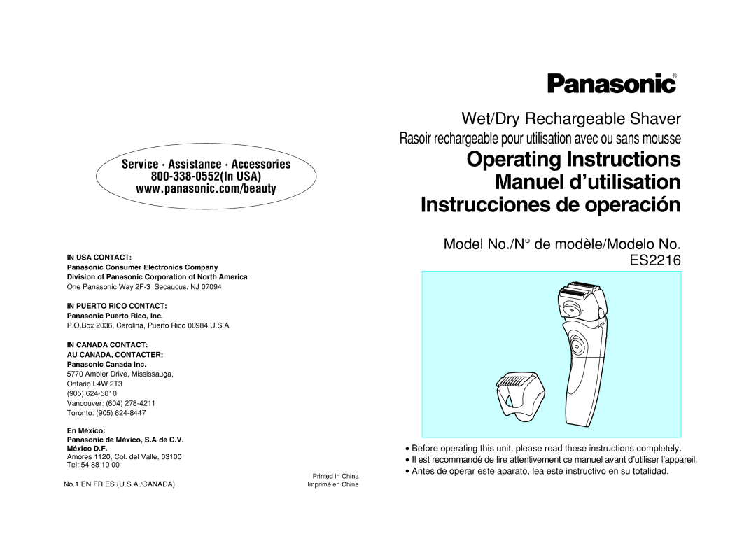 Panasonic ES2216PC operating instructions Panasonic Puerto Rico, Inc, Panasonic Canada Inc 