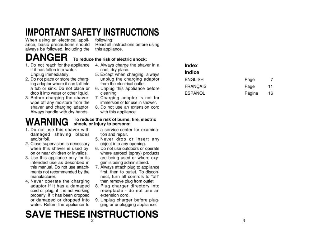 Panasonic ES2216PC operating instructions Index Indice, Shock, or injury to persons 