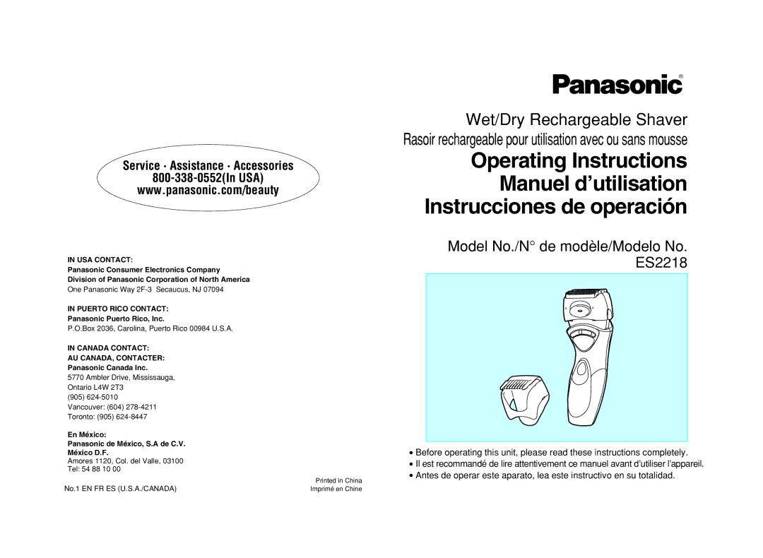 Panasonic ES2218 operating instructions Panasonic Puerto Rico, Inc, Panasonic Canada Inc 