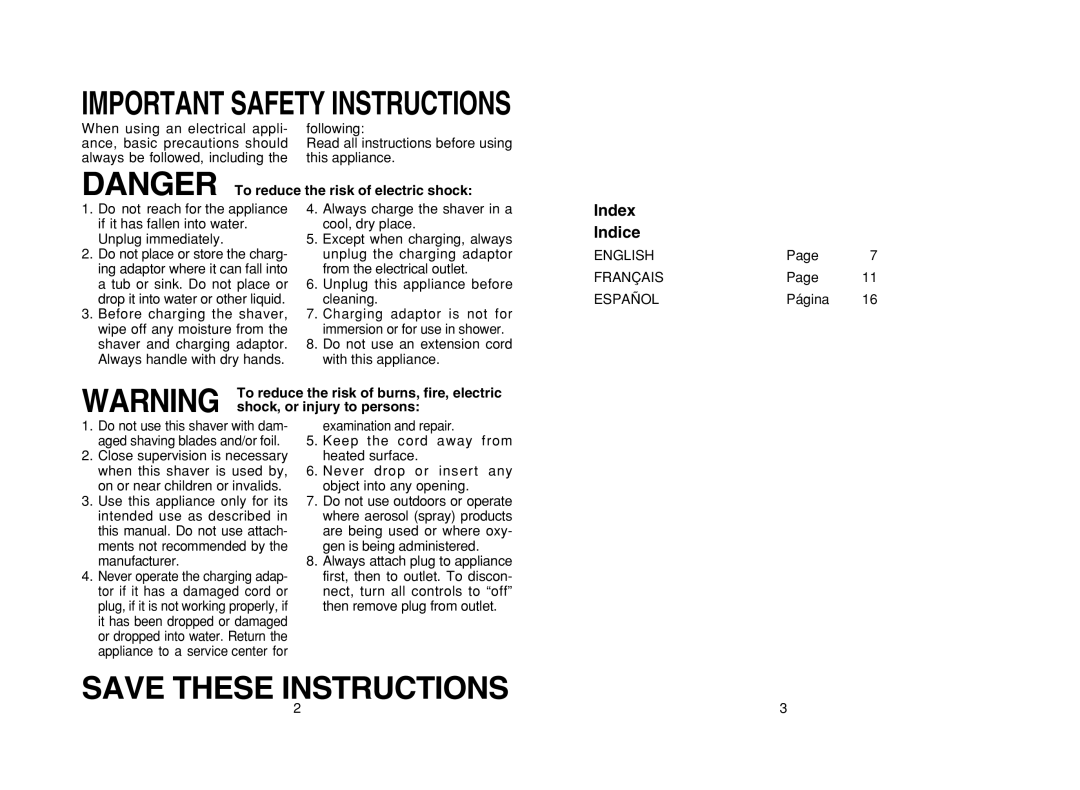 Panasonic ES2218 operating instructions Index Indice, Shock, or injury to persons 